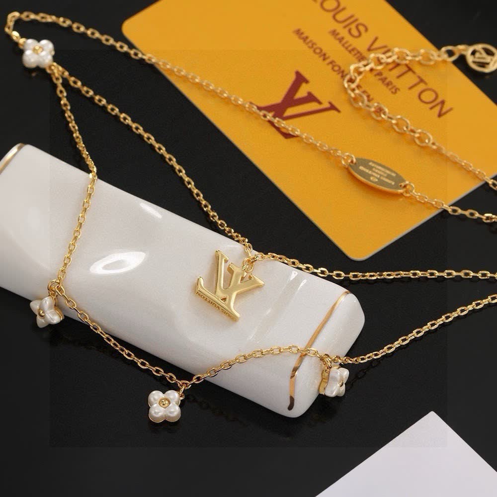Louis Vuitton Double Layered Gold Chain Necklace with Pearl Charms